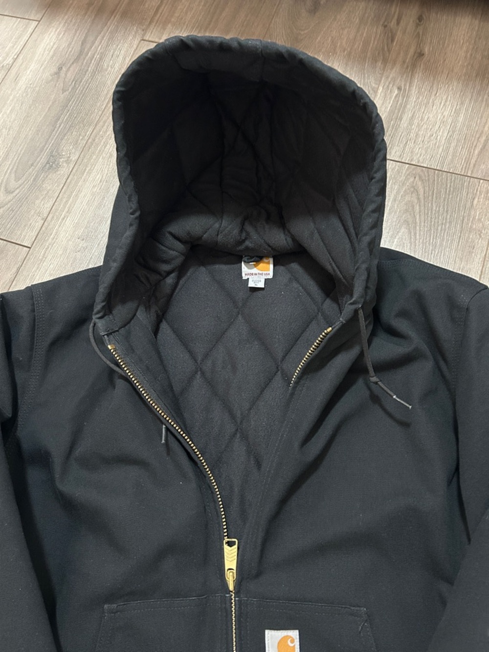 Carhartt Black Quilted-Lined Hooded Work Jacket with Gold Zipper